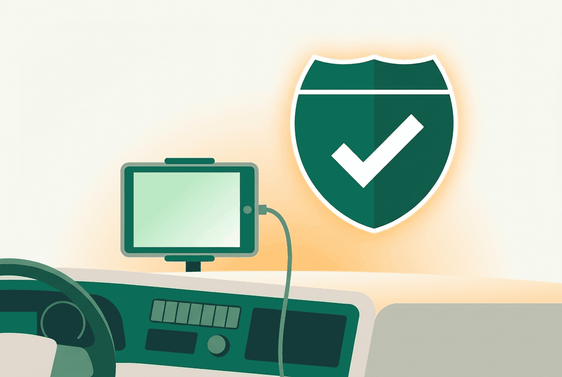 An ELD tablet mounted on a truck dashboard next to an interstate shield with a checkmark