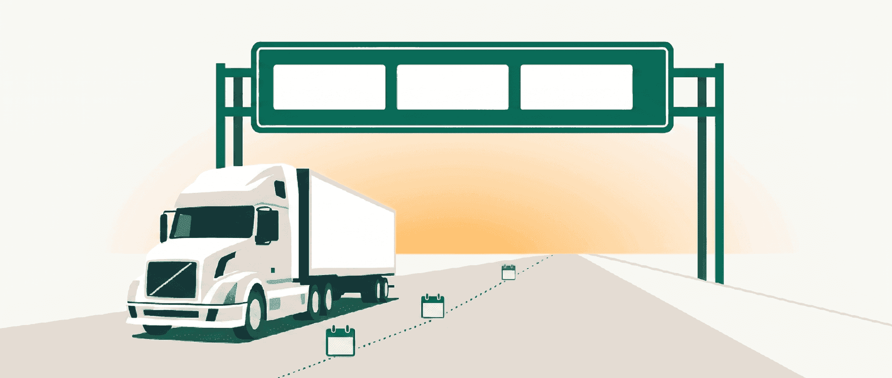 A semi-truck rolling under a blank highway guide sign at sunrise, calendar dates marked along the road ahead