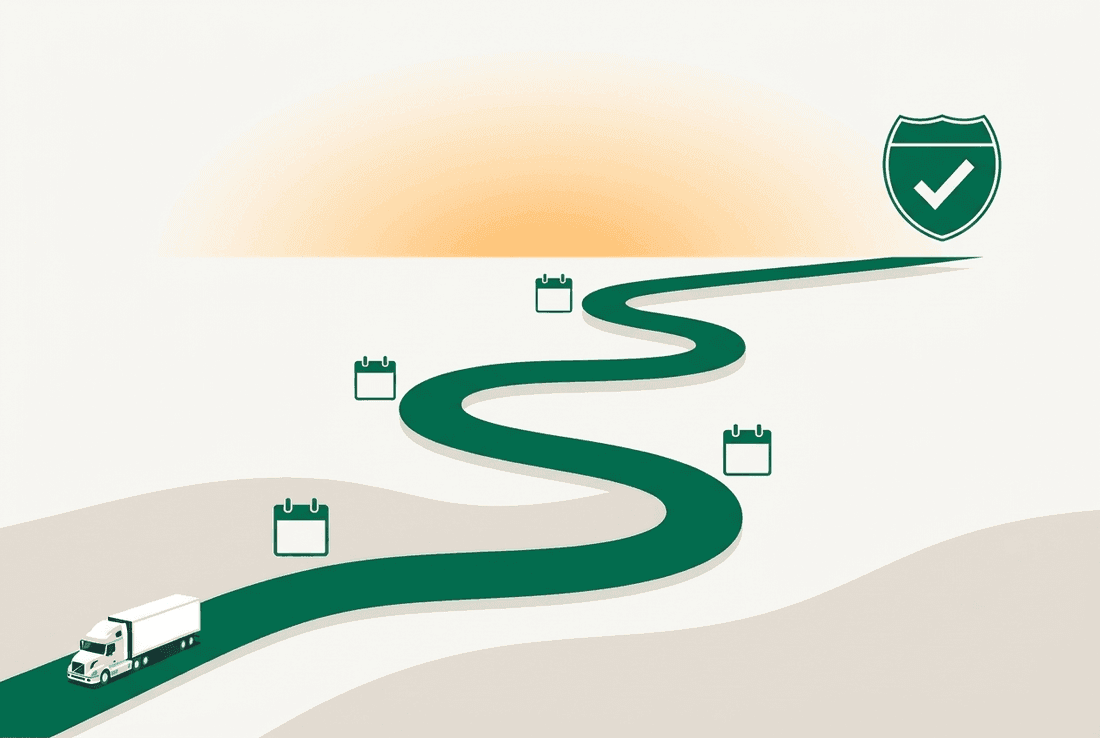 A green route winding past calendar markers from a truck to an interstate shield with a checkmark